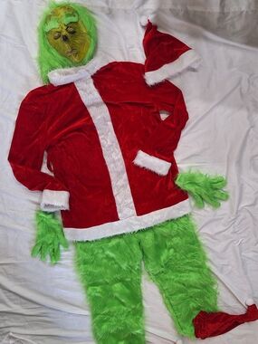 Green Grinch-Inspired  Costume Santa Jacket & Furry Pants